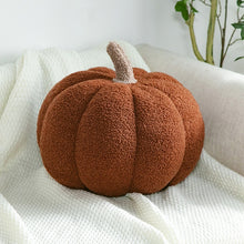 Load image into Gallery viewer, Pumpkin Pillows in teddy cotton with a tufted surface by Allthingscurated come in 3 sizes and 7 colors.  These pillows are plush and comfy, perfect for Fall and Halloween. Sizes available in 20cm, 28cm and 35cm in height or 8 inches, 11 inches and 13.7 inches in height. Colors come in white, green, blue, yellow, orange, red and brown. Featured here is a Brown pillow.

