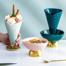 Load image into Gallery viewer, Allthingscurated dessert cup in the shape of an ice cream cone, measuring height 15.2cm and diameter 9.4cm, and included in the collection is a footed dessert bowl measuring  height 7.5cm and diameter 12.3cm.  Both designs made of glazed porcelain in light green, dark green and pink.
