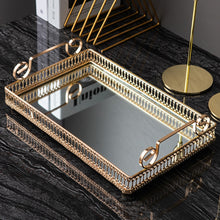 Load image into Gallery viewer, Donatella Mirror tray by Allthingscurated features a mirror surface and intricate gold-gilded pattern surround all sides of the rectangle tray and with 2 handles. Available in small, medium and large size. Featuring here is a large rectange tray.
