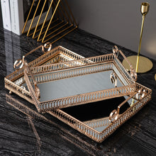 Load image into Gallery viewer, Donatella Mirror tray by Allthingscurated features a mirror surface and intricate gold-gilded pattern surround all sides of the rectangle tray and with 2 handles. Available in small, medium and large size.  Featured here is a large and small tray.
