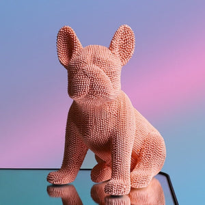 Allthingscurated Pink French Bulldog figurine crafted in resin with a fashionable coat of pearly texture in sitting pose.