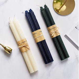 2-piece Rolled Honeycomb Candles in white, navy blue and dark green by Allthingscurated.  Made of beeswax and paraffin.
