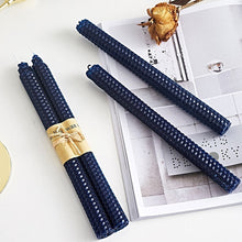 Load image into Gallery viewer, 2-piece Rolled Honeycomb Candles in navy blue by Allthingscurated.  Made of beeswax and paraffin.

