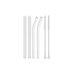 Load image into Gallery viewer, Allthingscurated’s super-short glass straws measures only 15cm or 6 inches. Suitable for drinks in any glass type from lowball, martini, margarita, tumbler, whiskey to mason jar. Package includes 4 straws plus 2 cleaning brushes. Made of high-grad borosilicate glass that is cold and heat-resistant.  This selection is for a mix of straight and bent straw design.
