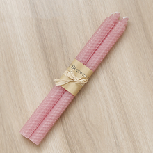 Load image into Gallery viewer, 2-piece rolled honeycomb candle in pink by Allthingscurated.
