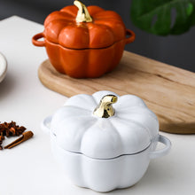 Load image into Gallery viewer, These beautiful Pumpkin Party Bowls by Allthingscurated are perfect serveware to have for a Halloween-themed or Fall-inspired dinners with friends. Made of high-quality porcelain, they are available in Off-white, Orange, Cranberry and Green. Comes with 2 handles for easy transporting and a lid with gold tip to keep food fresh and warm. Measures 16.5cm in width and 12cm in height, or 6.5 inches by 4.7 inches. Weighs 660g or 1.5 pounds with a capacity of 400ml or 13.5 fluid ounce.
