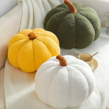 Load image into Gallery viewer, Pumpkin Pillows in teddy cotton with a tufted surface by Allthingscurated come in 3 sizes and 7 colors.  These pillows are plush and comfy, perfect for Fall and Halloween. Sizes available in 20cm, 28cm and 35cm in height or 8 inches, 11 inches and 13.7 inches in height. Colors come in white, green, blue, yellow, orange, red and brown.
