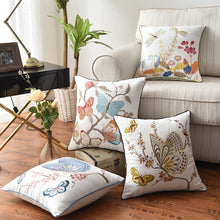 Load image into Gallery viewer, Allthingscurated Spring Harmony Cushion Cover Collection in garden-inspired theme featuring butterflies, florals and birds in embroidering in 100% cotton fabric. Measuring 45  x 45cm or 18 x 18 inches.  Available in 7 designs.
