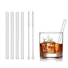 Load image into Gallery viewer, Allthingscurated’s super-short glass straws measures only 15cm or 6 inches. Suitable for drinks in any glass type from lowball, martini, margarita, tumbler, whiskey to mason jar. Package includes 4 straws plus 2 cleaning brushes. Made of high-grad borosilicate glass that is cold and heat-resistant, they are available in either straight or bent design. You can select from straight, bent or mixed options for your purchase.
