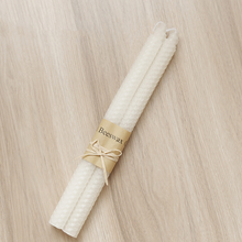Load image into Gallery viewer, 2-piece rolled honeycomb candle in white by Allthingscurated.
