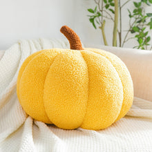Load image into Gallery viewer, Pumpkin Pillows in teddy cotton with a tufted surface by Allthingscurated come in 3 sizes and 7 colors.  These pillows are plush and comfy, perfect for Fall and Halloween. Sizes available in 20cm, 28cm and 35cm in height or 8 inches, 11 inches and 13.7 inches in height. Colors come in white, green, blue, yellow, orange, red and brown. Featured here is a Yellow pillow. 
