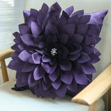 Load image into Gallery viewer, Allthingscurated 3D handmade flower cushions in taffeta 45cmx45xm or 17&quot;x17&quot; in purple
