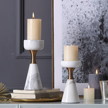 Load image into Gallery viewer, Allthingscurated Marble and Gold Pillar Candle Holders
