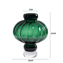 Load image into Gallery viewer, Luna Lantern Vase in Green by Allthingscurated in small size. Measuring 24cm or 9.4 inches in height and 20cm or 7.8 inches in width. Top opening measures 7cm or 2.7 inches.
