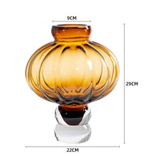 Load image into Gallery viewer, Luna Lantern Vase in Amber by Allthingscurated in large size. Measuring 29cm or 11.3 inches in height and 22cm or 8.6 inches in width. Top opening measures 9cm or 3.5 inches.
