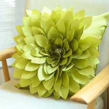 Load image into Gallery viewer, Allthingscurated 3D handmade flower cushions in taffeta 45cmx45xm or 17&quot;x17&quot;  in citroen green
