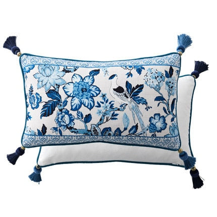 Allthingscurated Porcelain Blue Rectangle Cushion Cover Design A measuring 30 by 50 cm or 12 by 20 inches.