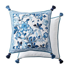 Load image into Gallery viewer, Allthingscurated Porcelain Blue Square Cushion Cover Design B measuring 45 by 45 cm or 18 by 18 inches.
