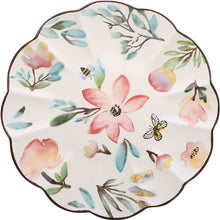 Load image into Gallery viewer, Allthingscurated’s Camille dinnerware features hand-painted florals, fauna and pretty butterflies and a color scheme of pink, yellow, blue,green and brown against a white ceramic background. Every plate is designed with a brown-lined scallop edge. Available in 6, 8 and 10 inches or 15.5, 20 and 25.5cm.
