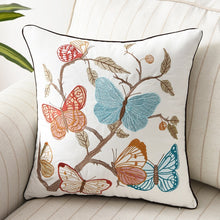Load image into Gallery viewer, Allthingscurated Spring Harmony Cushion Cover Collection in garden-inspired theme featuring butterflies, florals and birds in embroidering in 100% cotton fabric. Measuring 45 x 45cm or 18 x 18 inches. Available in 7 designs. Shown here butterflies in blue and brick red Design A.
