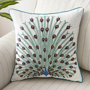 Allthingscurated Spring Harmony Cushion Cover Collection in garden-inspired theme featuring butterflies, florals and birds in embroidering in 100% cotton fabric. Measuring 45 x 45cm or 18 x 18 inches. Available in 7 designs. Shown here peacocok in fully open feather Design G.