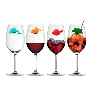 A set of 12 wine glass charms shaped like marina animals in bright random colors. They are made of silicon and feature suction cups.