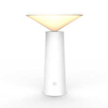 Load image into Gallery viewer, Cordless and portable bar table lamp in minimalist design with white body..  Dimmable with 3 lighting modes from warm, to white and natural light. Fully charged in 4 hours with USB cable.
