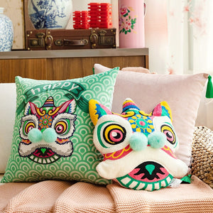 Allthingscurated Oriental Joy Modern Cushion collection comprising 45x45cm cushion covers in 2 designs available in blue pink, red, orange and green; and a 40x35cm cushion in the shape of oriental lion available in orange, green, pink and red.