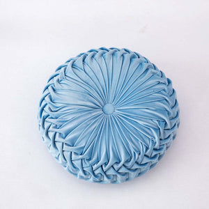 Emma pleated velvet cushion spots an intricate all over pleated design with a velvety sheen. The look is elegant and luxe.  Comes in 8 beautiful colors with 2 diameter sizes of 35cm and 38cm, or 13.7 inches and 14.8 inches with a height of 10cm or 4 inches. This color is a lovely sky blue.
