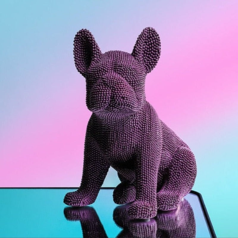 Allthingscurated Purple French Bulldog figurine crafted in resin with a fashionable coat of pearly texture in sitting pose.